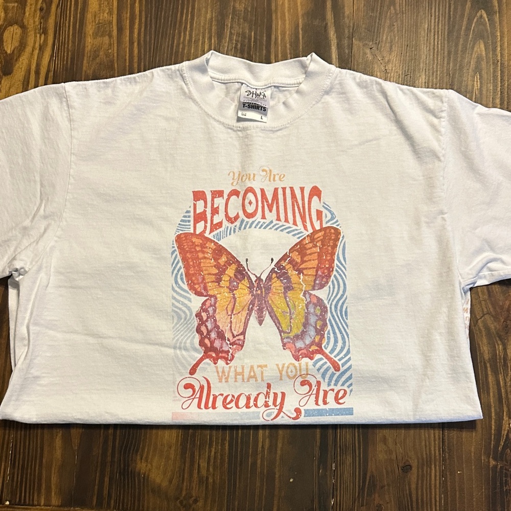 White Short Sleeve Tee with Butterfly Design